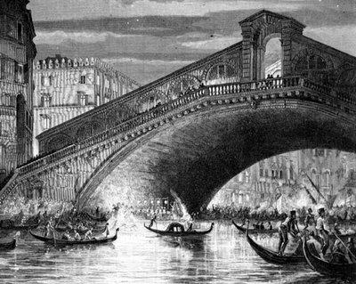 Grand Canal et le pont du Rialto pendant le Carnaval - Italian School