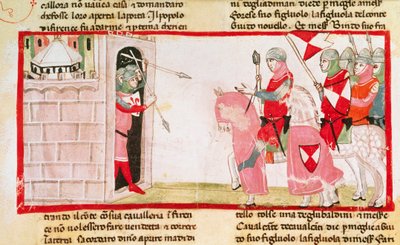 Les Guelfes empêchent les Gibelins de rentrer dans la ville, miniature de la Cronica par Giovanni Villani, manuscrit, Italie XIVe siècle - Italian School