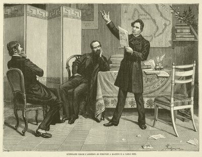 Guerrazzi lisant le siège de Florence à Mazzini et Carlo Bini (gravure) - Italian School