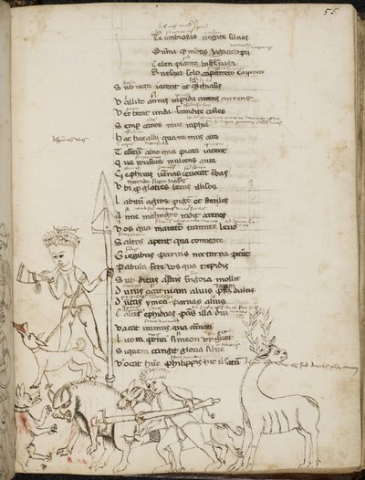 Scène de chasse avec un sanglier, un cerf, des chasseurs, des chiens et un lièvre, de 