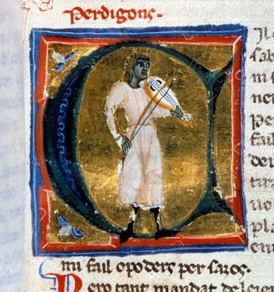 Lettre historiée (lettre A). Le troubadour Perdigon jouant du vieux. Miniature tirée du manuscrit « Chansonnier provençal » (Folio 36), écrit par Perdigon et copié par l