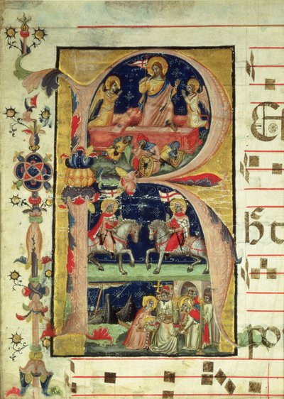 Initiale historiée R représentant la résurrection, deux chevaliers saints et un évêque saint recevant des reliques - Italian School