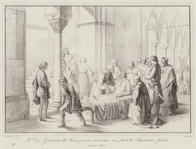 Le Doge Giovanni II Partecipazio rencontre son frère Badoario blessé, 884 (gravure) - Italian School