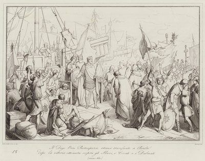 Le Doge Orso Partecipazio retourne triomphant à Rialto après la victoire sur les Slaves (gravure) - Italian School