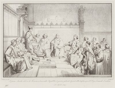 Le premier héraut du roi de France annonce la guerre à la République en jetant le gant (gravure) - Italian School