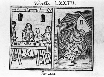 Illustration pour la nouvelle 73 (Nouvelle 3 du huitième jour) du "Décaméron" de Giovanni Boccaccio (1313-1375), écrivain italien. Gravure dans "Decamerone ouer Cento novelle" Venise, Bartolomeo de 