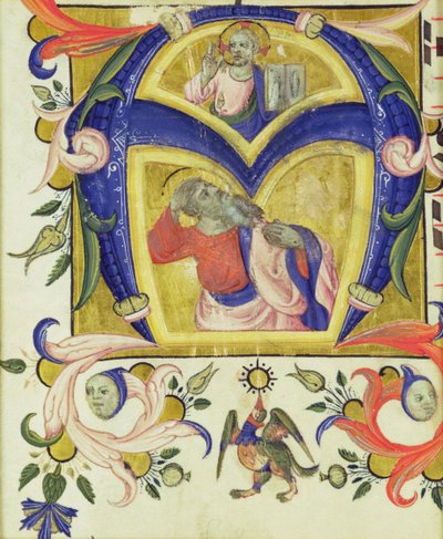 Initiale A représentant Jésus-Christ et un saint, début du XIVe siècle - Italian School