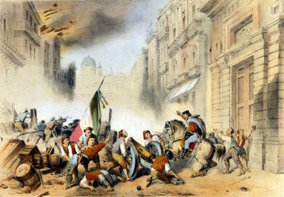 Unité italienne : le 26/05/1860, Giuseppe Garibaldi, à la tête de ses Chemises Rouges, les Mille, entre à Palerme en Sicile et porte un coup décisif au royaume des Bourbons de Naples. Gravure du 19ème siècle - Italian School