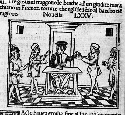 Scène de jugement à Florence. Illustration pour la nouvelle 75 (Nouvelle 5 du huitième jour) du « Décaméron » de Giovanni Boccaccio dit Jean Boccaccio (1313-1375), écrivain italien. Gravure dans « Décaméron ou Cent nouvelles » Venise, Bartolomeo de 