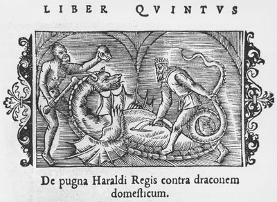 Le roi Harald combattant un dragon, illustration de Historia de Gentibus Septentrionalibus par Olaus Magnus (1490-1558), publié à Rome, 1555 - Italian School