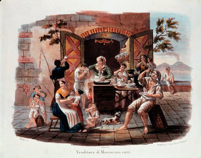 Petit métier napolitain : un vendeur de maccheroni cuits. Au loin le Vésuve sur la baie de Naples. Lithographie du 19ème siècle - Italian School