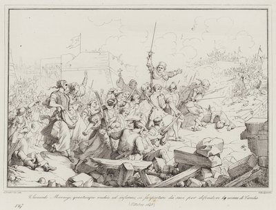 Luigi Leonardo Mocenigo, bien que vieux et malade, se fait porter par les siens pour défendre (gravure) - Italian School