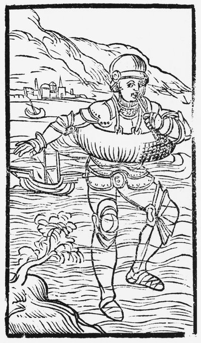 Homme avec une bouée de sauvetage, illustration de Historia de Gentibus Septentrionalibus par Olaus Magnus (1490-1558), publié à Rome, 1555 - Italian School