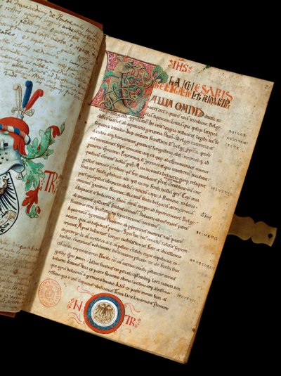 Manuscrit « De Bello Gallico, Commentaires sur la guerre des Gaules » par Jules César (Giulio Cesare ou Caius Julius Caesar) (100-44 av. J.-C.) (ms. 541). Blason de l