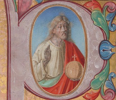 Enluminure manuscrite avec Salvator Mundi dans une initiale P, d