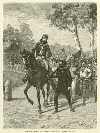 Mazzini, simple soldat, portait le drapeau Dieu et Peuple (gravure) - Italian School