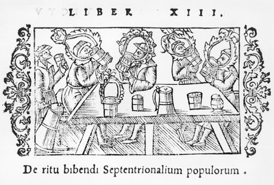 Hommes buvant, illustration de Historia de Gentibus Septentrionalibus par Olaus Magnus (1490-1558), publié à Rome, 1555 - Italian School