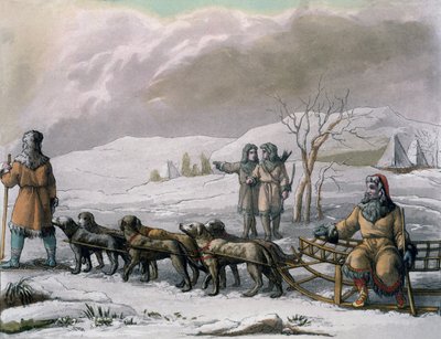 Hommes de Kamtchatka, avec un traîneau à chiens, de Costumi dei... par Giulio Ferrario, vers 1820-30 - Italian School