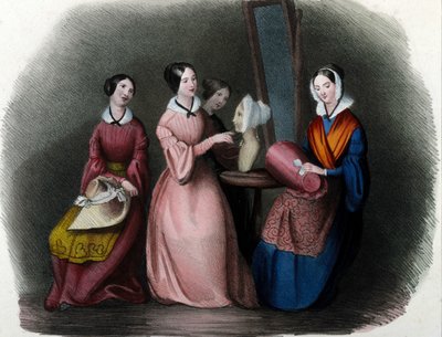 Métier milanais : jeunes femmes confectionnant des chapeaux. Gravure de 1830 à Locarno. - Italian School