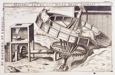 Moulin actionné par des animaux, gravure Italie - Italian School
