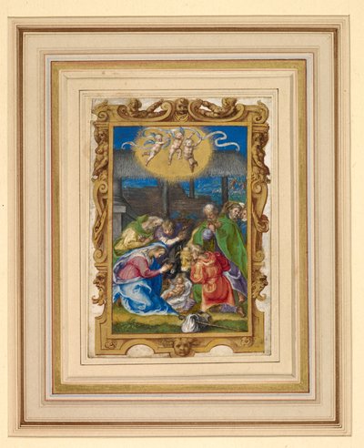 Miniature de la Nativité avec la Sainte Famille et des bergers dans une étable, avec trois putti portant un rouleau inscrit au-dessus et l