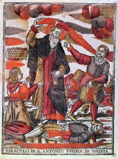 Miracle de Saint Antoine le Grand guérissant un homme empoisonné (gravure sur bois en couleur) - Italian School