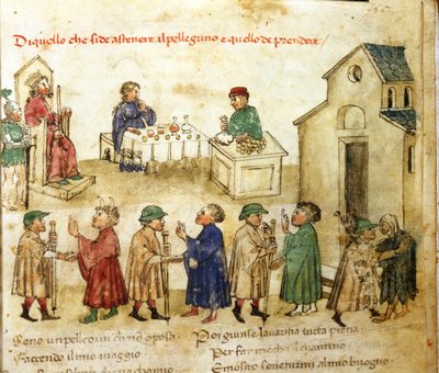 Modèle de comportement des pèlerins - dans « Croniche del Sercambi », vers 1400. Archives nationales, Lucques. - Italian School