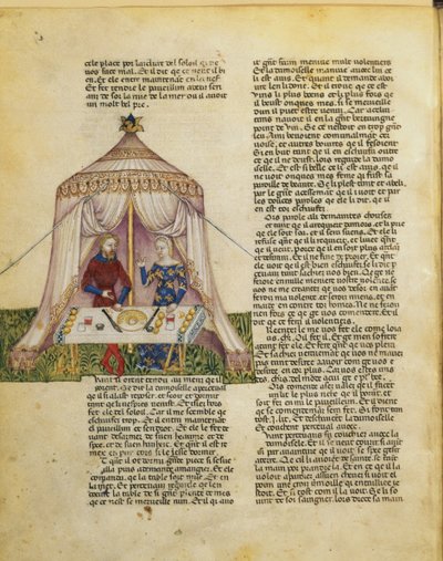 Sir Percival est tenté par une demoiselle qui lui offre un festin avant de le séduire, de la Quête du Saint Graal, vers 1380-85 - Italian School