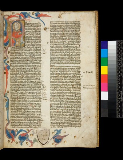 Ms 370. Orose, Historiarum Adversum Paganos Libri Septem, f.2r. Initiale habitée illuminée [P], avec portrait de l