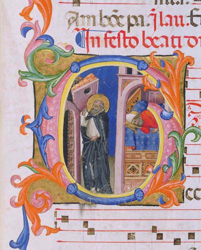 Ms 559 f.298v Initiale historiée G représentant Saint Dominique soutenant l