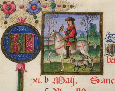 Ms. lat.424 fol.3r Le mois de mai : La fauconnerie, du bréviaire d
