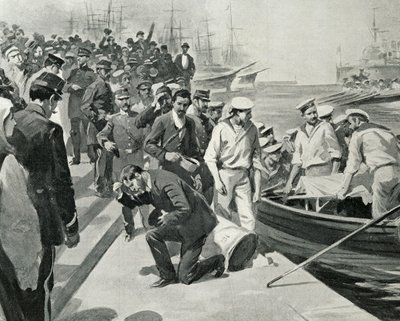Mutinerie du cuirassé russe Potemkine débarquant dans le port de Constanta en Roumanie, Illustration de L
