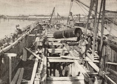 Nouveau aqueduc à Venise, pose du canal dans la lagune, Italie, gravure d