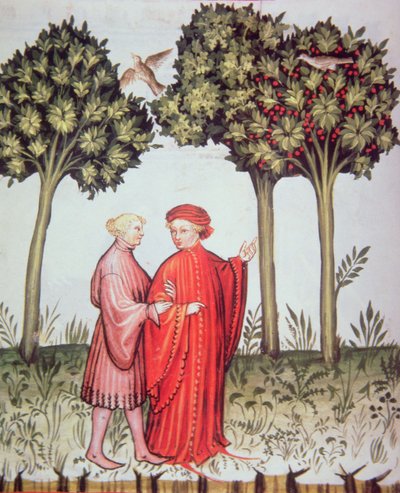 Deux amis en promenade ensemble, de Tacuinum Sanitatis Codex Vindobonensis - Italian School