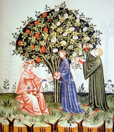Récolte des roses, illustration du Tacuinum Sanitatis Codex Vindobonensis - Italian School