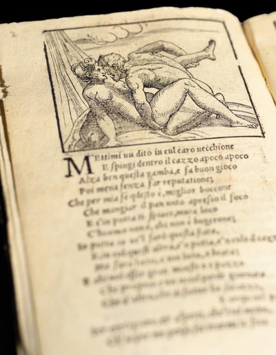 Page de "Sonetti Lussuriosi" par Pietro Aretino, illustrée par Giulio Romano et gravée par Marcantonio Raimondi, publiée à Venise, vers 1527 - Italian School
