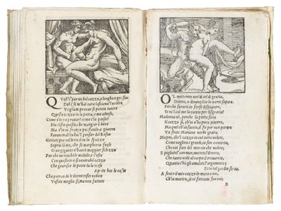 Page de "Sonetti Lussuriosi" de Pietro Aretino, illustrée par Giulio Romano et gravée par Marcantonio Raimondi, publiée à Venise, c.1527 - Italian School