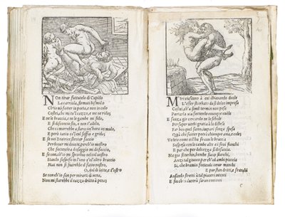 Page de "Sonetti Lussuriosi" de Pietro Aretino, illustrée par Giulio Romano et gravée par Marcantonio Raimondi, publiée à Venise, vers 1527 - Italian School