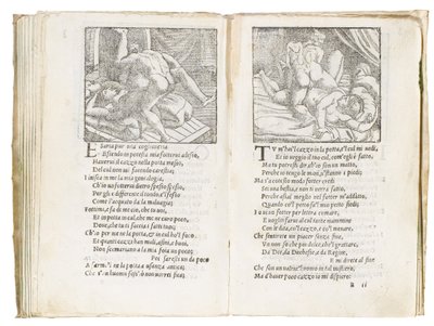 Page de "Sonetti Lussuriosi" de Pietro Aretino, illustrée par Giulio Romano et gravée par Marcantonio Raimondi, publiée à Venise, c.1527 - Italian School