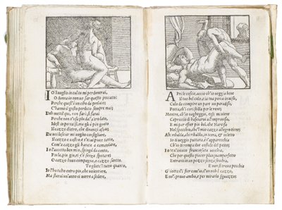 Page de "Sonetti Lussuriosi" par Pietro Aretino, illustrée par Giulio Romano et gravée par Marcantonio Raimondi, publiée à Venise, vers 1527 - Italian School