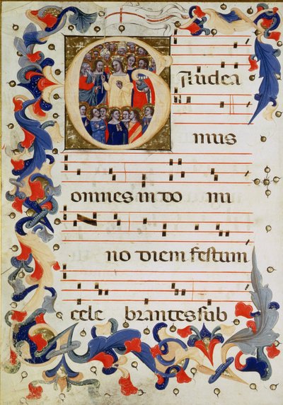 Page de notation musicale avec une initiale historiée G représentant un groupe de saints avec Sainte Ursule au milieu, École de Bologne - Italian School