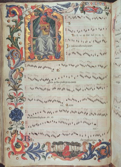 Page de notation musicale avec initiale historiée, du Codex Squarcialupi, produit au monastère florentin de S. Maria degli Angeli - Italian School