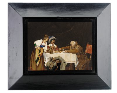 Panneau représentant un Cavalier et un Moine à une Table de Dîner avec une Dame en Assistance, Menegatti, Florence, fin du 19ème siècle - Italian School