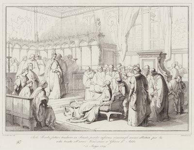 Paolo Barbo, se faisant traduire au Sénat, car malade, encourage les esprits abattus par la défaite (gravure) - Italian School