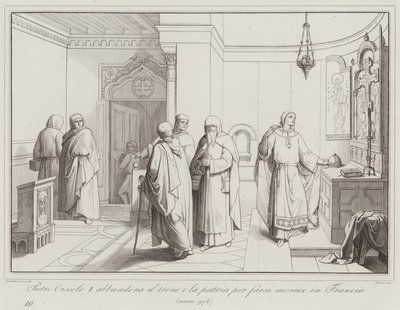 Pietro Orseolo I abandonne le trône et la patrie pour devenir moine en France, 978 (gravure) - Italian School