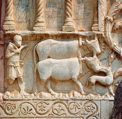 Scène de pilage. Détail. Bas-relief du 12ème siècle. Église de San Pietro de Spoleto - Italian School