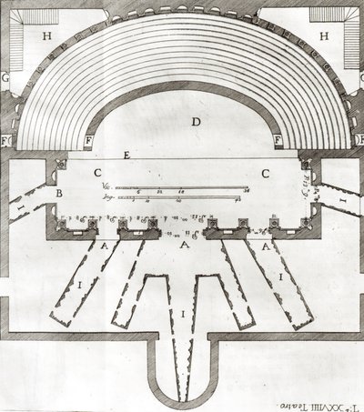 Plan du Théâtre Olympique, Vicence, conçu par Andrea Palladio (1508-80) construit en 1580-85 - Italian School