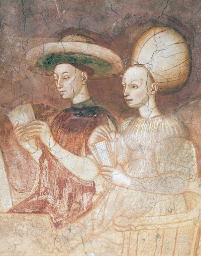 Jouer avec des cartes de tarot, scène du cycle des Jeux, vers 1445-1450, fresque, Palazzo Borromeo, Milan, Lombardie (détail) - Italian School