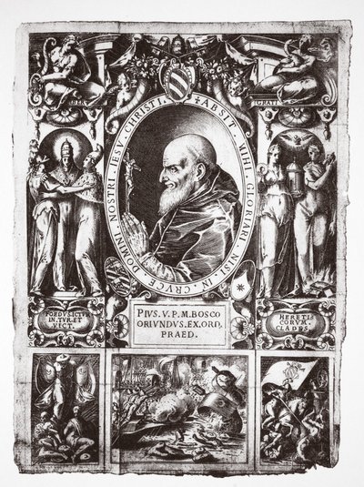 Pape Pie V, avec vignettes de la bataille de Lépante, de Vita del Gloriosissimo Papa Pio Quinto, pub. 1586 - Italian School