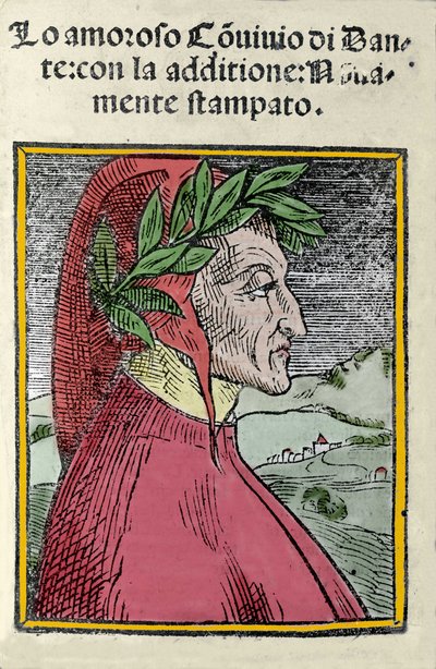 Portrait du poète italien Dante Alighieri (1265-1321). Gravure. Frontispice de « Il convivio » de 1554 - Italian School